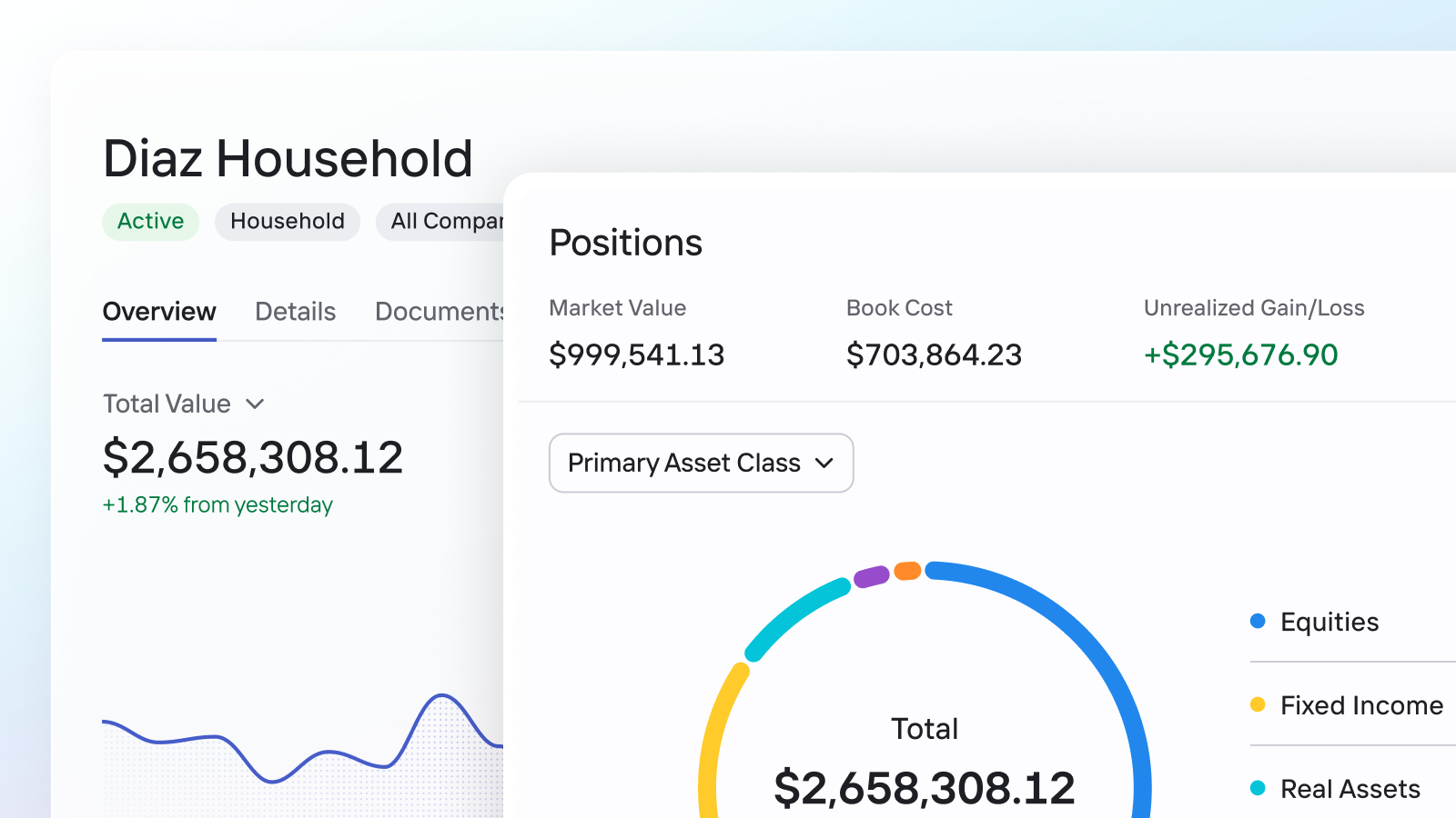 OneVest client management interface showing the client book, meeting prep briefs, and agent sync across the advisor workspace