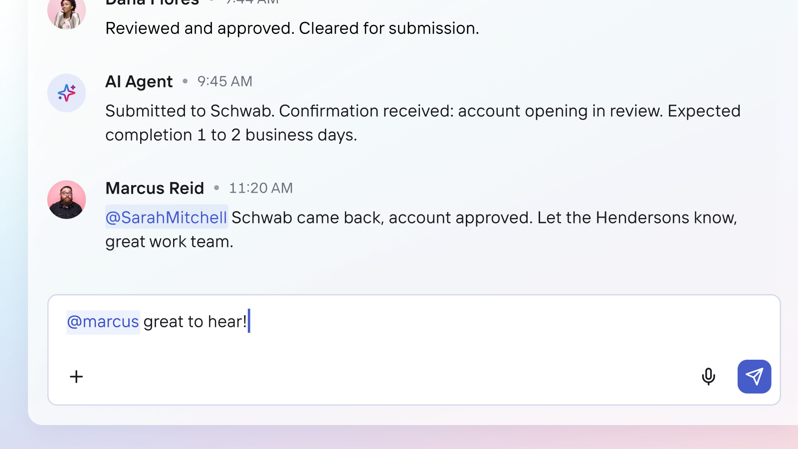 OneVest Pulse collaboration interface showing team messaging, AI agent updates, and account workflow notifications in the advisor workspace