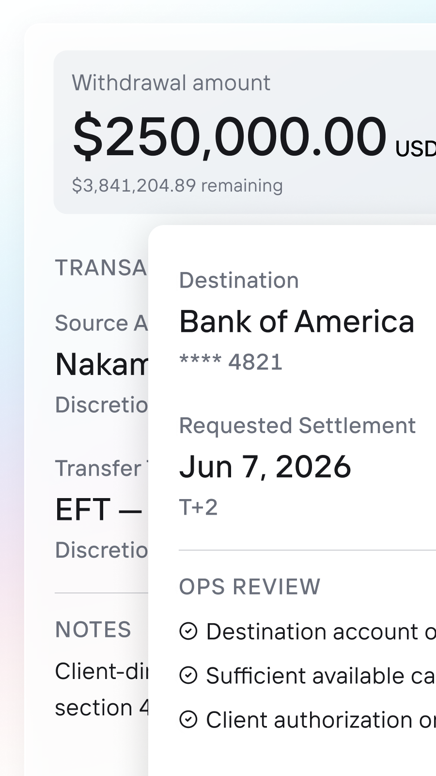 OneVest money movement mobile interface showing transfer execution and exception monitoring on a phone screen