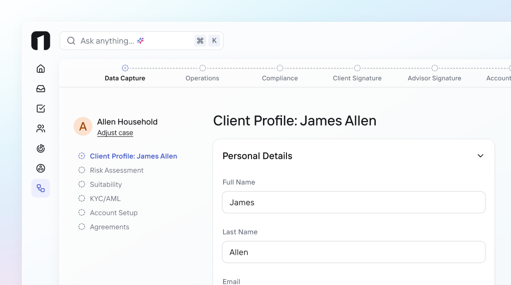 OneVest agentic onboarding workflow showing client profile data capture with pre-filled personal details for James Allen