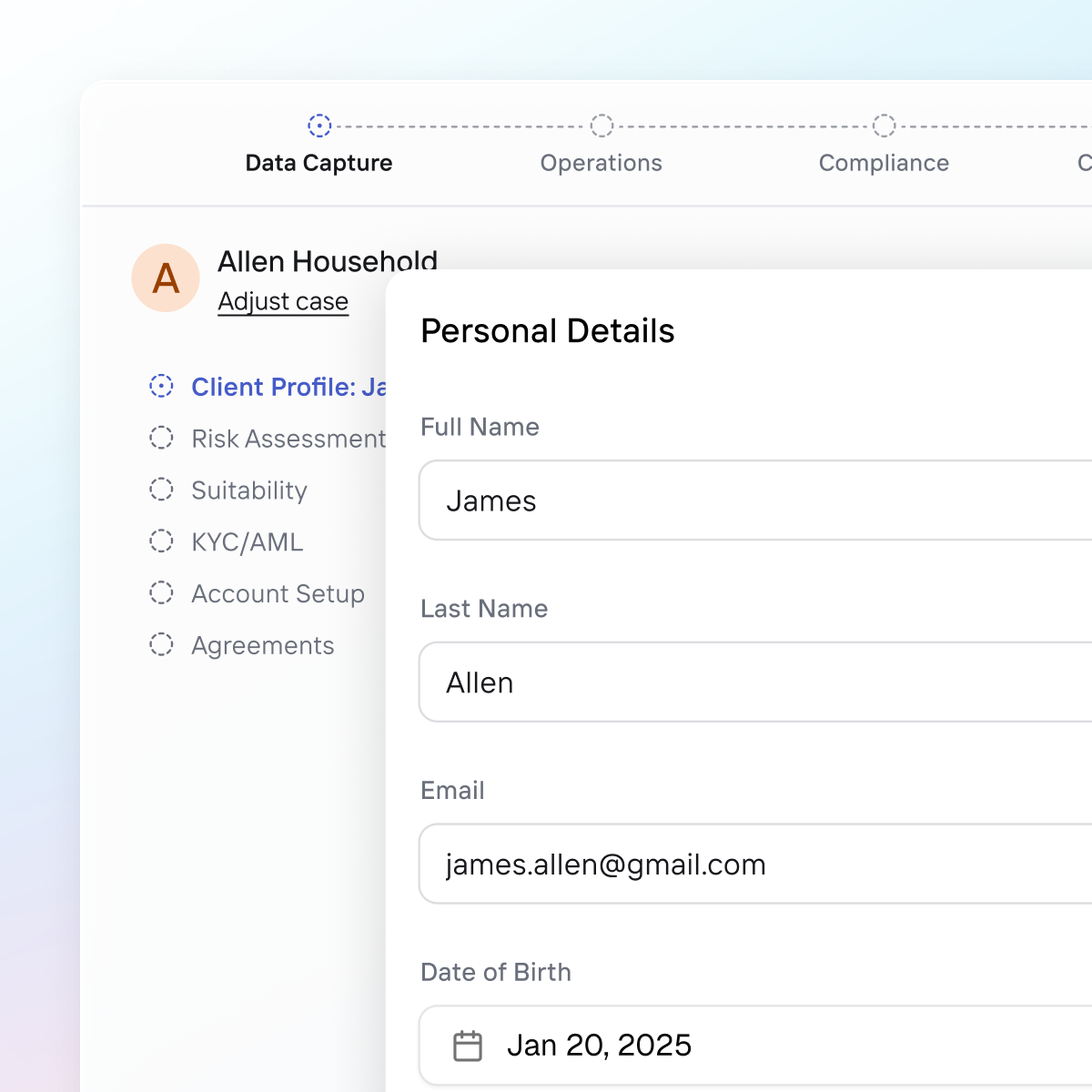 OneVest agentic onboarding mobile workflow showing client profile data capture with pre-filled details on a phone screen