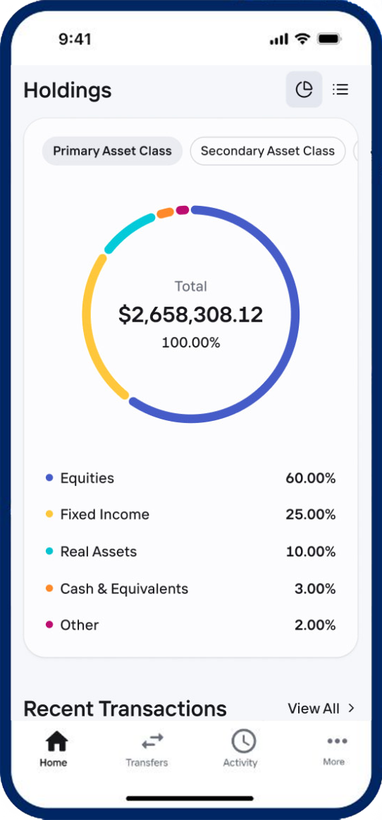 OneVest client app on a phone screen showing a holdings breakdown by asset class and recent transactions